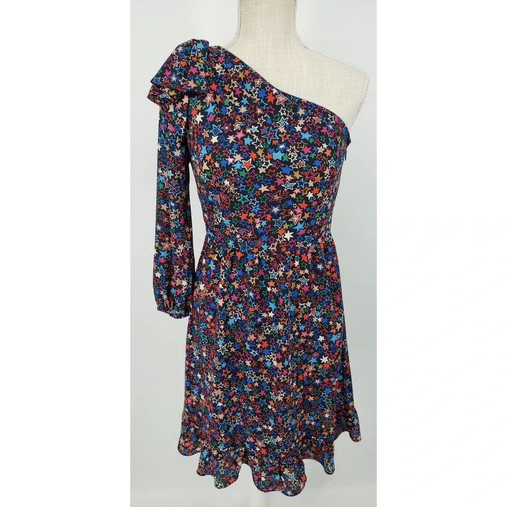 J Crew One Shoulder Dress 0 Kaleidoscope Star A Line Ruffle Hem Navy‎ Blue H2660
